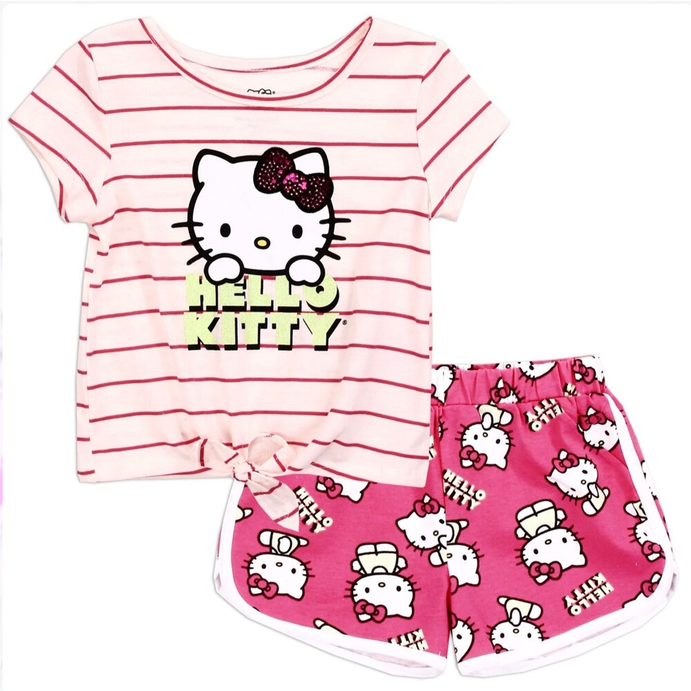 Hello Kitty Toddler Girls 2-Piece Short Set Sequin Bow Glitter Outfit Sz 2T-4T